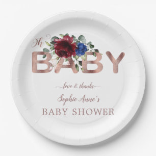 Assiettes En Carton Elégant Baby shower Bleu Floral or de Bourgogne