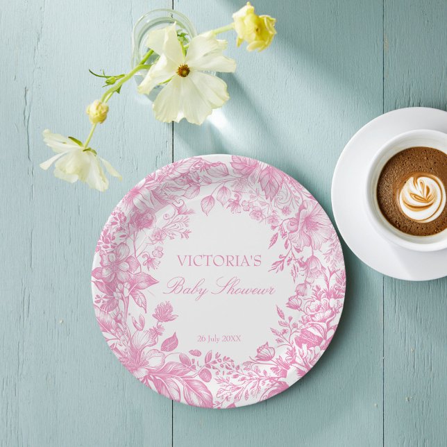Assiettes En Carton Élégant baby shower botanique rose pâle imprimé (Elegant vintage botanical dusty pink baby shower printed paper plates personalized table decor)