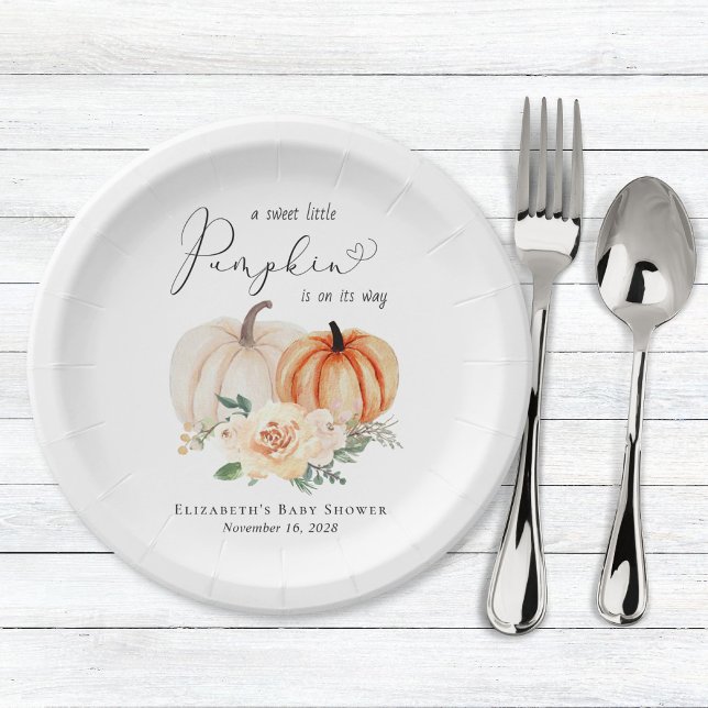 Assiettes En Carton Elégant Baby shower Citrouille Floral Aquarelle (Créateur téléchargé)