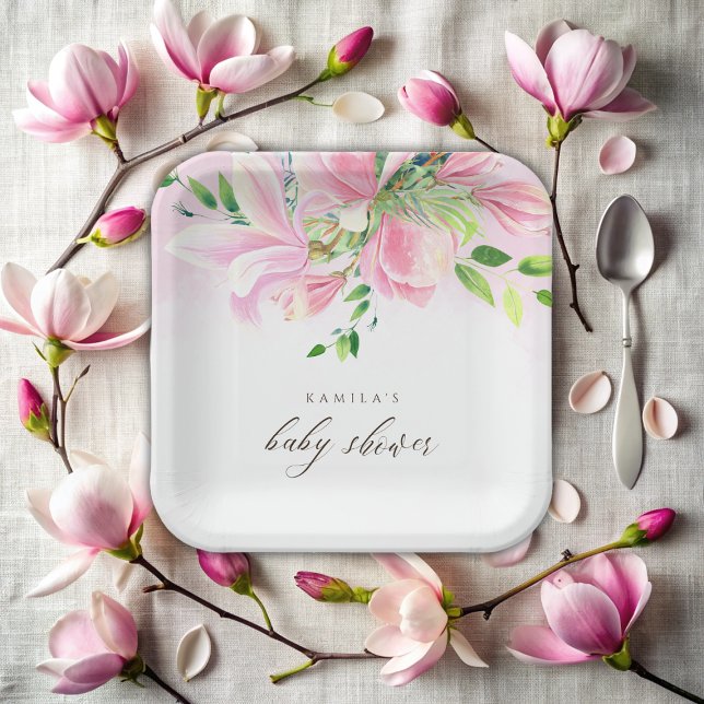 Assiettes En Carton Elégant Baby shower d'aquarelle rose Magnolia (Elegant Pink Magnolia Watercolor Baby Shower Paper Plates)