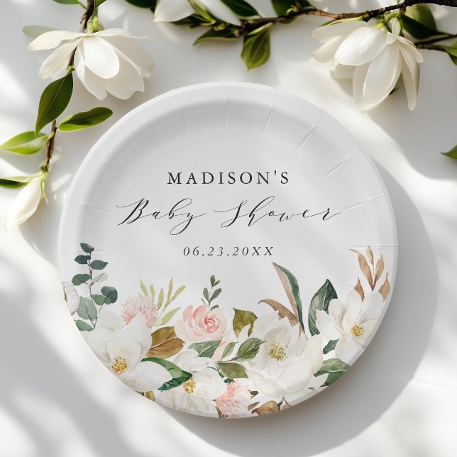 Assiettes En Carton Elégant Baby shower de Magnolias aquarelle (Créateur téléchargé)