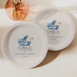 Assiettes En Carton Elégant Baby shower de transport Vintage bébé bleu