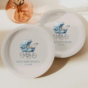Assiettes En Carton Elégant Baby shower de transport Vintage bébé bleu