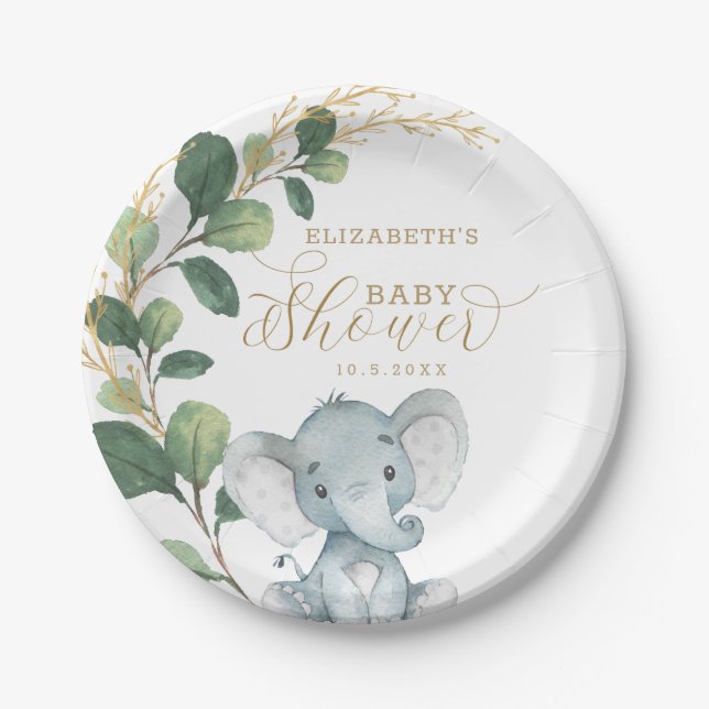 Assiettes En Carton Elégant Baby shower éléphant Aquarelle Verdure (Devant)