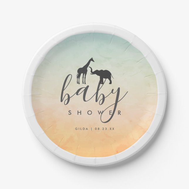 Assiettes En Carton Elégant Baby shower Eléphant Giraffe (Devant)