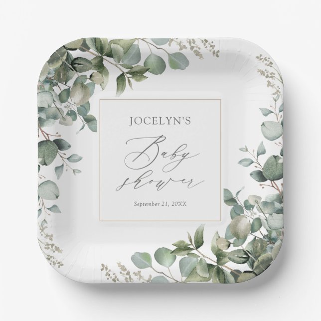 Assiettes En Carton Elégant Baby shower Eucalyptus verdoyant (Recto)