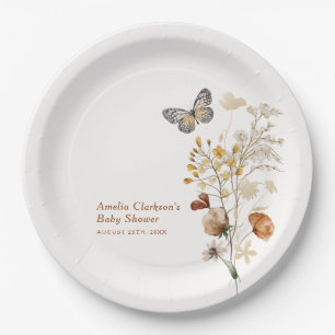 Assiettes En Carton Élégant Baby shower Fleur sauvage papillon