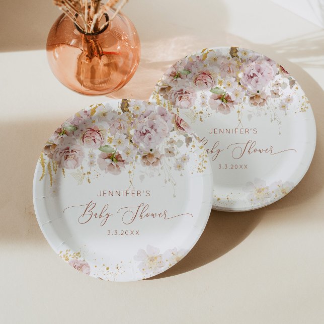 Assiettes En Carton Elégant baby shower fleuri de jardin bohème (Créateur téléchargé)