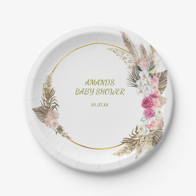 Assiettes En Carton Élégant Baby shower Fleurs Sauvages (Devant)