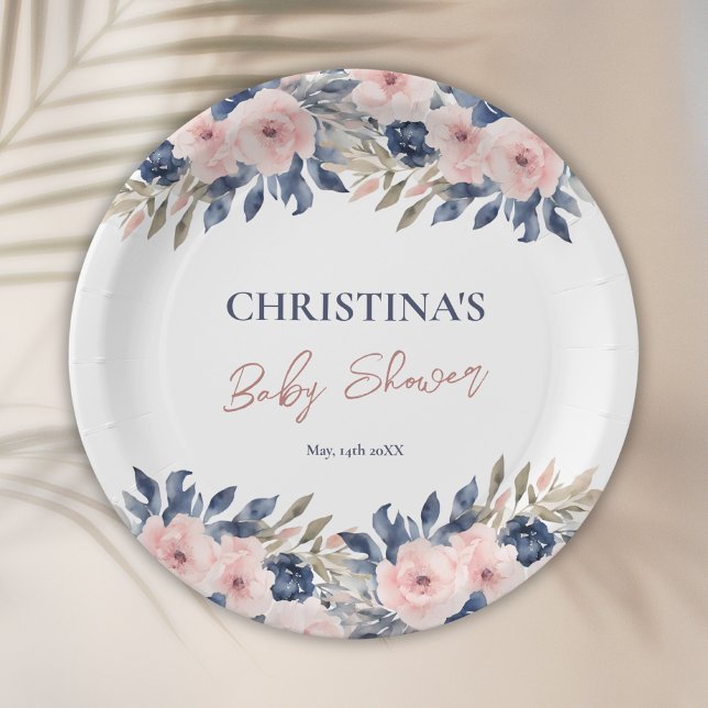 Assiettes En Carton Elégant Baby shower floral bleu bleu bleu rose (Créateur téléchargé)