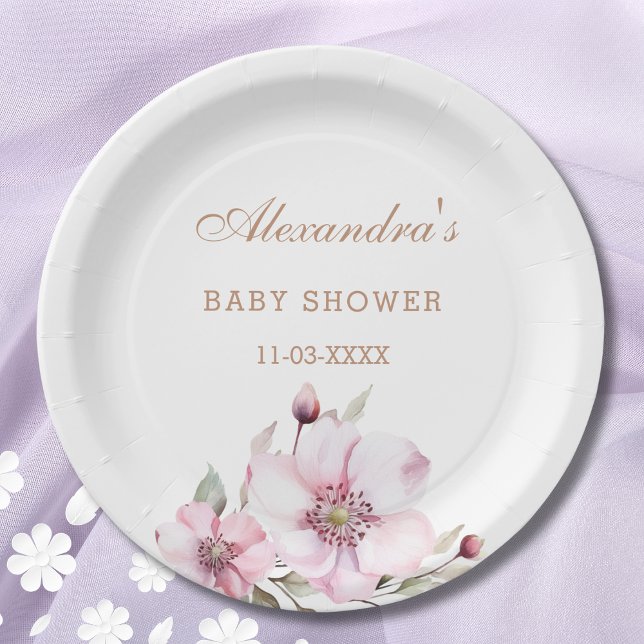Assiettes En Carton Elégant Baby shower Floral Blush Roses Rose (Créateur téléchargé)