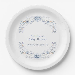 Assiettes En Carton Élégant Baby shower floral de Wilflower bleu hiver