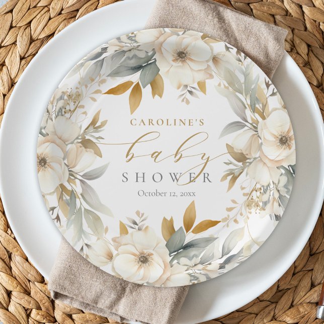 Assiettes En Carton Élégant Baby shower floral neutre pour bébé (Créateur téléchargé)