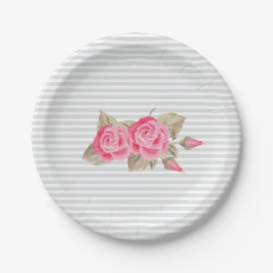 Assiettes En Carton Elégant Baby shower rose et blanc Roses