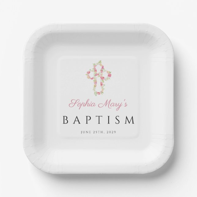 Assiettes En Carton Élégant Baptême de croix florale mignonne (Recto)