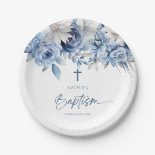 Assiettes En Carton Élégant Baptême Floral Bleu Dusty
