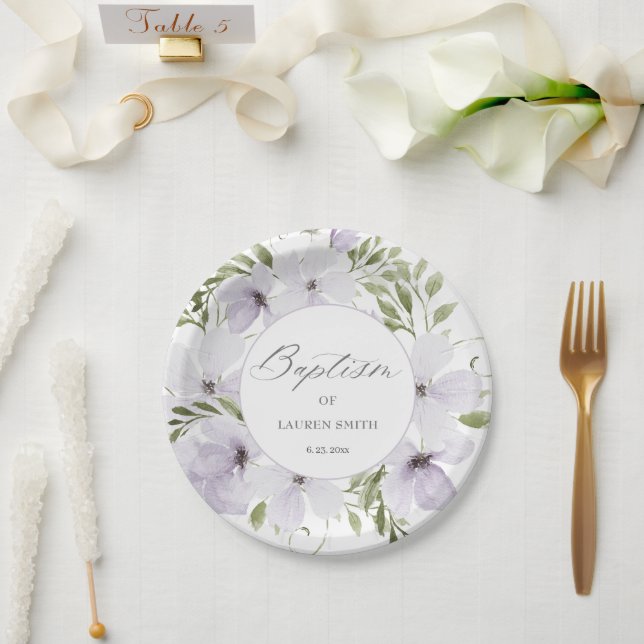 Assiettes En Carton Élégant Baptême Floral Script de Christening (Mariage)
