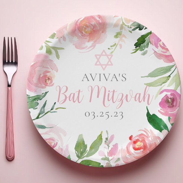 Assiettes En Carton Elegant Bat Mitzvah Party Personalized Pink Floral (Créateur téléchargé)