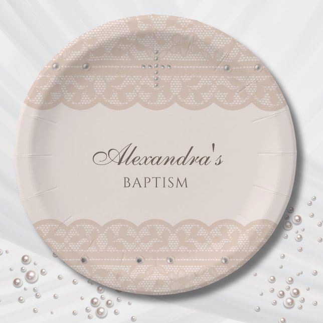 Assiettes En Carton Elegant Beige Cross Christening Christian Baptism (Créateur téléchargé)