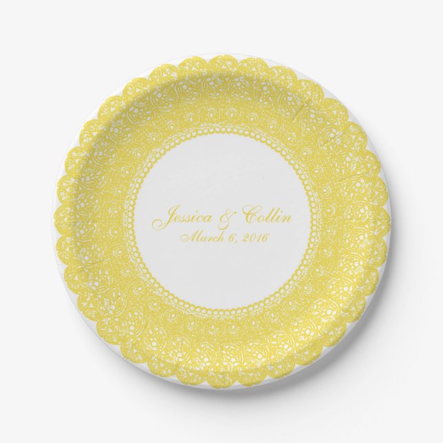 Assiettes En Carton Elégant beurcup jaune dentelle doiley plat personn (Devant)