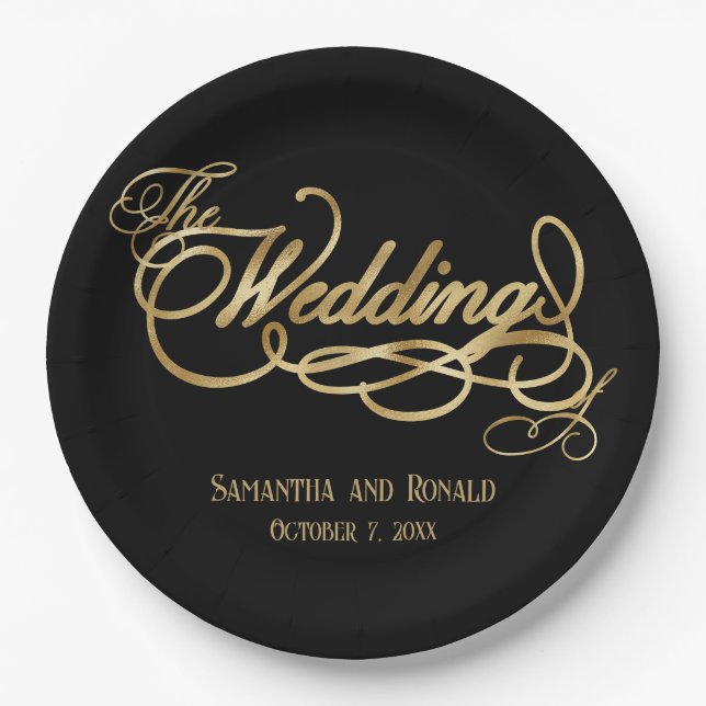Assiettes En Carton Elegant Black and Faux Gold Calligraphy Wedding (Devant)