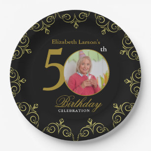 Assiettes En Carton Elégant Black and Gold 50th Birthday Invitation