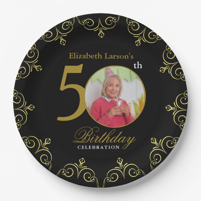 Assiettes En Carton Elégant Black and Gold 50th Birthday Invitation (Devant)