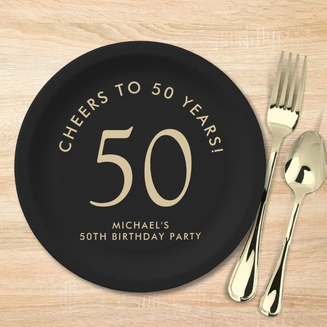 Assiettes En Carton Elegant Black Gold 50th Birthday Party (Créateur téléchargé)