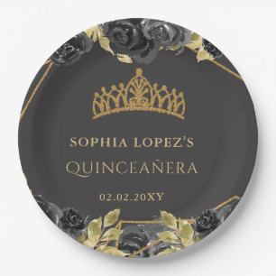 Assiettes En Carton Elégant Black Gold Floral Tiara Quinceanera