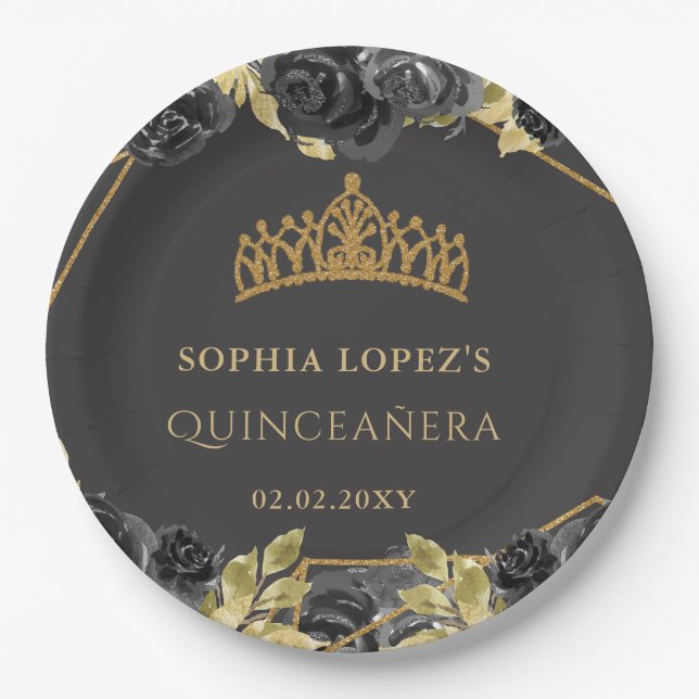 Assiettes En Carton Elégant Black Gold Floral Tiara Quinceanera (Devant)