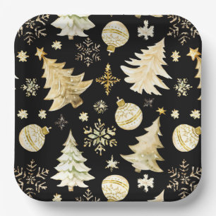 Assiettes En Carton Élégant Black Gold Snowflakes Christmas Tree Balls