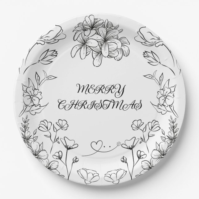 Assiettes En Carton Elegant Black White Floral Christmas Plate (Devant)