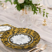 Elégant Black White & Gold Mariage damassé