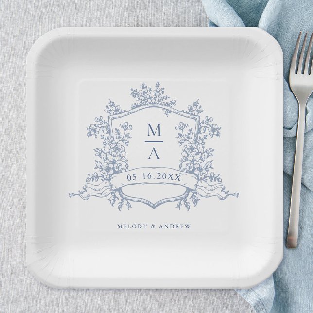Assiettes En Carton Elégant bleu bleu floral Crest Mariage (Créateur téléchargé)