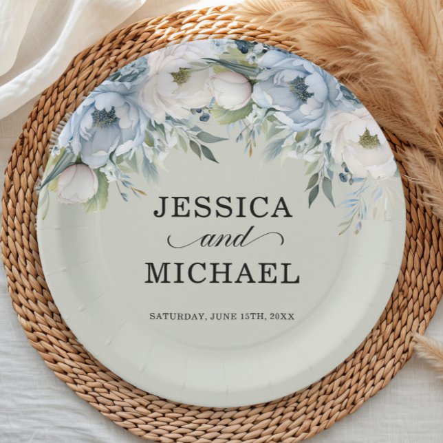 Assiettes En Carton Elégant bleu bleu ivoire floral Sage vert (Sage green wedding paper plate with dusty blue and white watercolor flowers)