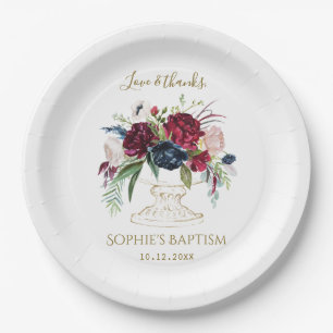 Assiettes En Carton Elégant Bleu Bourgogne Aquarelle Fleurs Baptême
