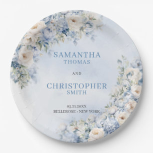 Assiettes En Carton Elégant bleu clair et blanc Fleurs eucalyptus