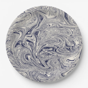 Assiettes En Carton Elégant bleu et Marbre blanc spiral