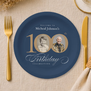Assiettes En Carton Elégant Bleu et Or Photo Personnalisée 100e Annive