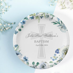 Assiettes En Carton Élégant bleu floral croisé religieux Baptême