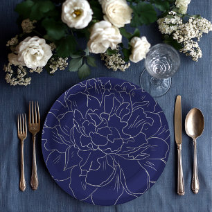 Assiettes En Carton Elégant bleu marine Grand argent floral