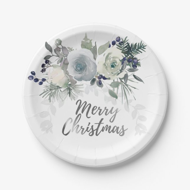 Assiettes En Carton Elégant bleu marine Rose blanche Joyeux Noël (Devant)