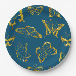 Assiettes En Carton Elégant Bleu Turquoise Papillons Or Anniversaire