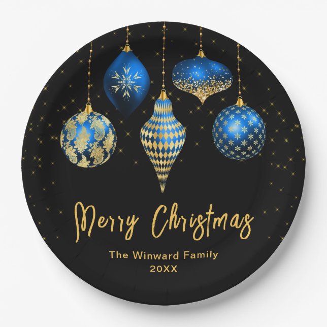 Assiettes En Carton Elegant Blue and Gold Ornament Christmas (Devant)
