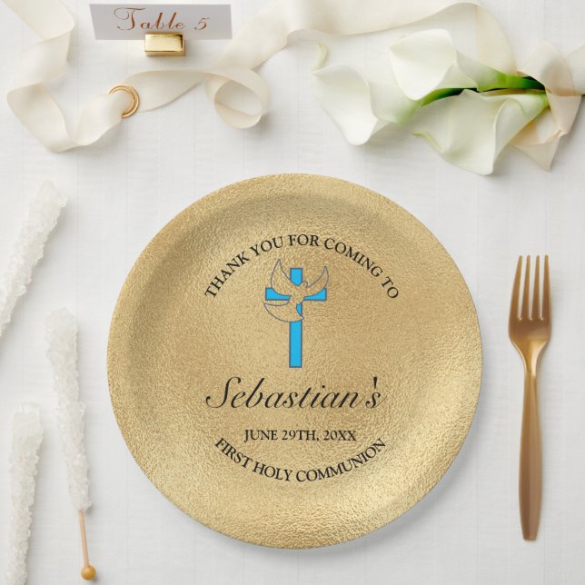 Assiettes En Carton Elégant Blue Gold Cross Premier Parti Communion (Mariage)