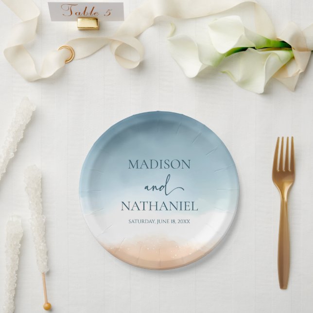 Assiettes En Carton Elégant Blue Ocean Beach Mariage de sable (Mariage)