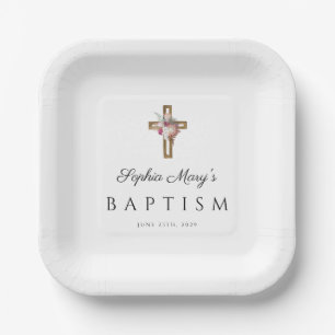 Assiettes En Carton Élégant Boho Floral Cross Baptism