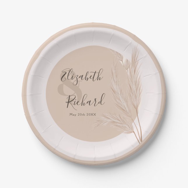 Assiettes En Carton Elégant Boho Pampas Grass Mariage moderne (Devant)