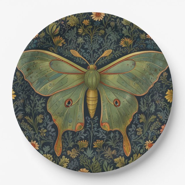 Assiettes En Carton Élégant boho rétro Luna moth botanique (Devant)