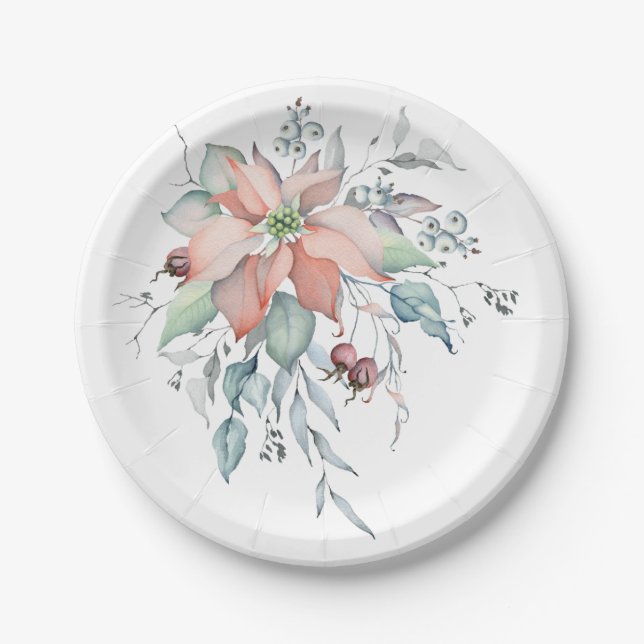 Assiettes En Carton Elégant Bouquet d'aquarelle de Noël d'hiver (Devant)